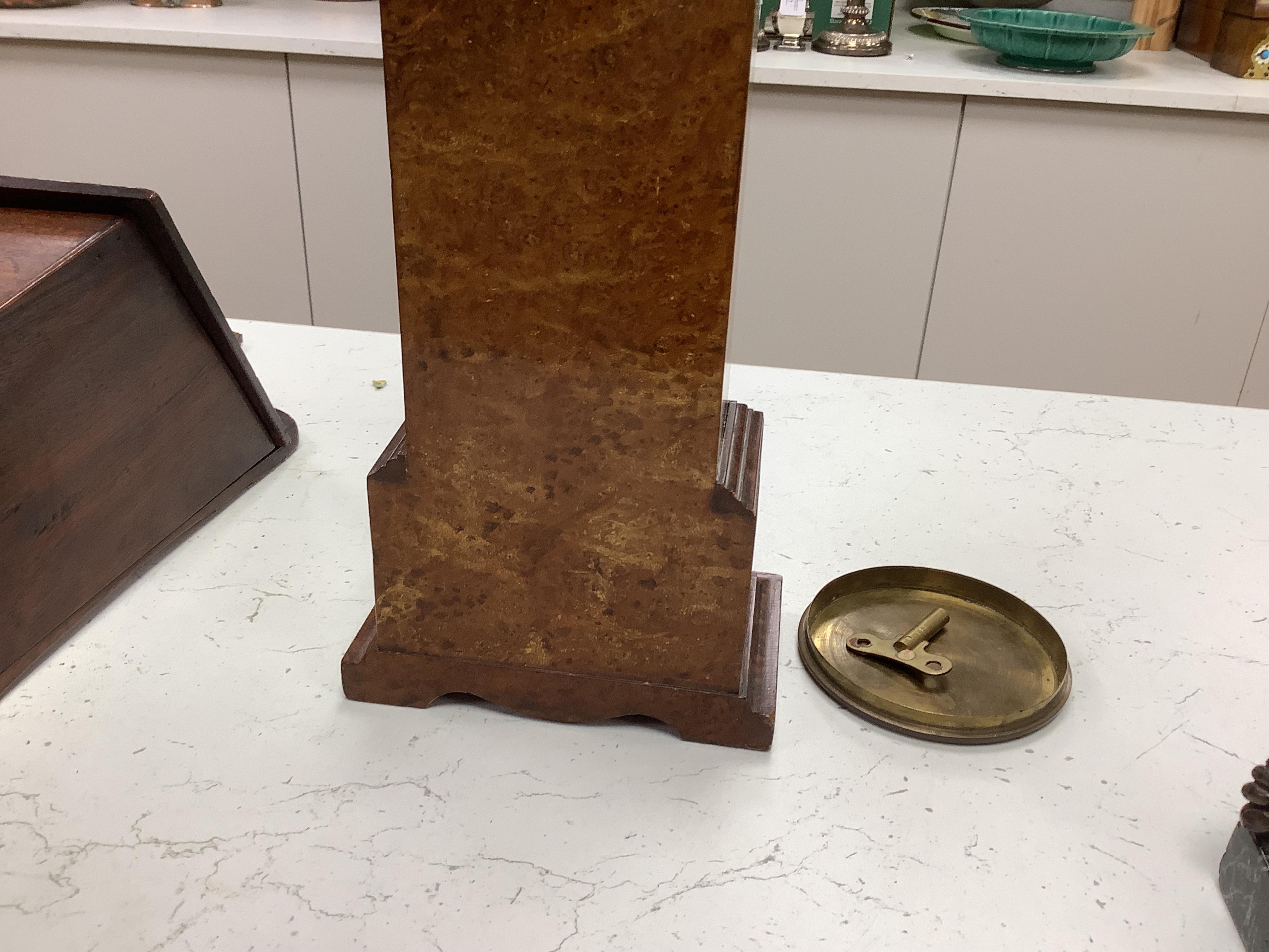 A small French amboyna model of a longcase timepiece, with key, 44cm high